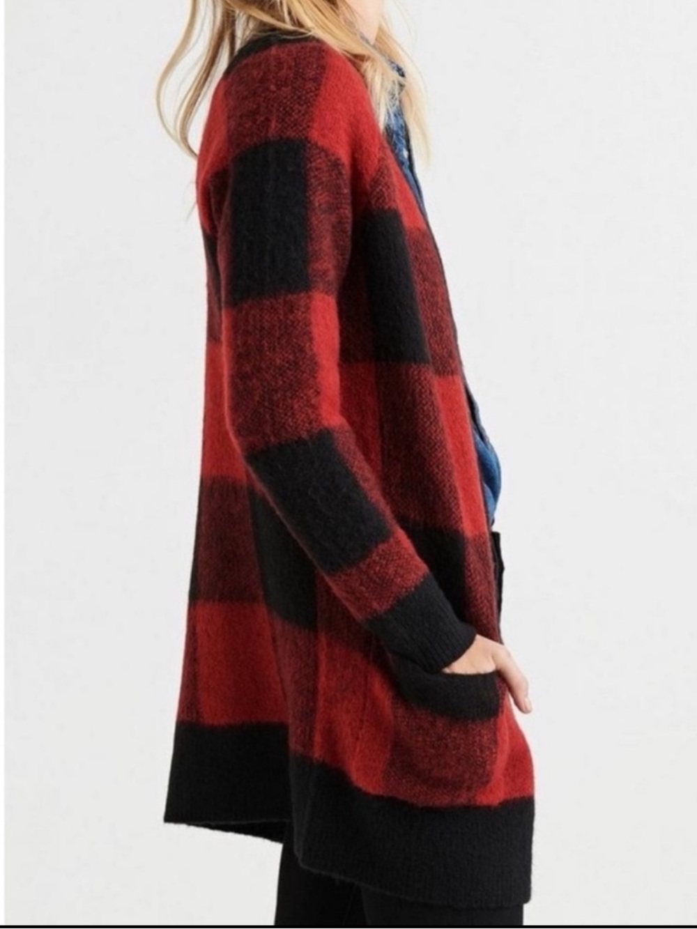 Lucky Brand Open Front Buffalo Plaid Relaxed Cardigan Sweater, Red & Black, XL - Picture 8 of 9